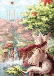  1girl animal_ears clouds cloudy_sky day detached_sleeves from_behind hat inubashiri_momiji kitsune_maru leaf long_sleeves maple_leaf red_scarf scarf short_hair sky solo tail tokin_hat touhou tree water waterfall white_hair wide_sleeves wolf_ears wolf_tail 