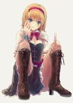  1girl alice_margatroid bangs blonde_hair blue_dress blue_eyes blush boots breasts brown_boots capelet cleavage cross-laced_footwear culter dress eyebrows eyebrows_visible_through_hair frills high_heels highres index_finger_raised looking_at_viewer medium_breasts red_ribbon ribbon sash short_hair short_sleeves simple_background sitting smile solo touhou wrist_cuffs 