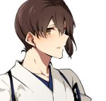  1girl asakawa_(outeq) blush brown_eyes brown_hair collarbone commentary_request hair_between_eyes japanese_clothes kaga_(kantai_collection) kantai_collection long_hair looking_at_viewer side_ponytail simple_background solo tasuki upper_body white_background 