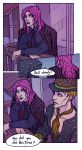  2boys blonde_hair blue_eyes bowler_hat cheekbones cigarette comic diavolo english hat highres jacket_on_shoulders jojo_no_kimyou_na_bouken kira_yoshikage lipstick makeup male_focus multiple_boys necktie pink_hair porch purple_lipstick shaydh signature smoke suit_jacket violet_eyes 