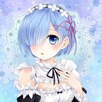  1girl blue_eyes blue_hair blush breasts cleavage detached_sleeves dress hair_ornament hair_over_one_eye hair_ribbon headdress kutsuna_ayumu looking_at_viewer maid re:zero_kara_hajimeru_isekai_seikatsu rem_(re:zero) ribbon short_hair simple_background solo x_hair_ornament 