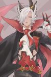  1boy animal_ears belt blue_eyes cape claws cravat erun_(granblue_fantasy) eustace_(granblue_fantasy) fang granblue_fantasy gucha_(netsu) hair_over_one_eye male_focus plume short_hair solo vampire_costume white_hair 