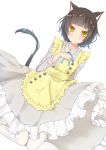  1girl animal_ears apron black_hair blush buttons cat_ears cat_tail eyebrows eyebrows_visible_through_hair frills hair_ornament hairpin hand_on_own_chest kafuka_(aokaf18) looking_at_viewer maid_apron original short_hair simple_background solo tail white_background yellow_eyes 