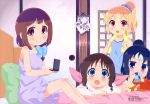  4girls :d absurdres bags_under_eyes blonde_hair blue_eyes blue_hair blush bow brown_hair camisole drink from_side fuda_yumine fujikawa_kayo furukawa_hideki hair_bun hair_ornament hair_scrunchie highres honda_tamaki looking_at_viewer multiple_girls murakami_shiina nightgown open_mouth ponytail scan scrunchie short_hair smile stella_no_mahou towel 