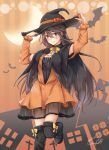  1girl adjusting_clothes adjusting_hat artist_name black_hair black_legwear boots brown_eyes capelet dated dress fang_out gurifu hair_ornament hairclip halloween haruna_(kantai_collection) hat kantai_collection long_hair looking_at_viewer orange_dress signature smile solo thigh-highs thigh_boots witch_hat 