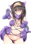  1girl absurdres animal_costume animal_ears bangs bare_shoulders black_hair black_panties blue_eyes blush breasts claw_pose claws cleavage cosplay elbow_gloves fate/grand_order fate_(series) fur_trim gloves go-1 hairband halloween_costume highres idolmaster idolmaster_cinderella_girls long_hair looking_at_viewer navel o-ring_top panties purple_gloves sagisawa_fumika shielder_(fate/grand_order) shielder_(fate/grand_order)_(cosplay) simple_background solo tail underwear white_background wolf_costume wolf_ears wolf_tail 