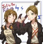  2girls brown_hair closed_eyes fist_bump green_eyes grin headphones headphones_around_neck highres idolmaster idolmaster_cinderella_girls jacket jewelry kimura_natsuki multiple_girls necklace one_eye_closed shirt short_hair smile t-shirt tada_riina takeya_y0615 