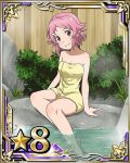  1girl bare_shoulders breasts card_(medium) cleavage collarbone hair_ornament hairclip lisbeth looking_at_viewer medium_breasts naked_towel number onsen outdoors partially_submerged pink_hair red_eyes short_hair sitting smile solo star sword_art_online towel yellow_towel 