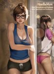  2girls arm_grab artist_name ass backlighting bangs belly_peek black-framed_eyewear black_eyes blurry blush bokeh boyshorts breast_hold breasts brown_eyes brown_hair casual cleavage collarbone cowboy_shot d.va_(overwatch) depth_of_field doorway drawstring facepaint facial_mark glasses glint hair_bun hair_ornament hair_stick hand_on_own_arm hand_up headphones highres hoobamon indoors large_breasts lens_flare lips long_hair looking_at_viewer looking_away mei_(overwatch) midriff mole mole_on_breast multiple_girls no_pants nose overwatch panties parted_lips pink_panties shirt short_hair short_shorts short_sleeves shorts signature swept_bangs t-shirt tank_top taut_clothes taut_shirt thighs underwear wallpaper_(object) watermark web_address whisker_markings 