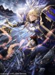  1boy armor armored_boots blonde_hair boots cape company_name fire fire_emblem fire_emblem_cipher fire_emblem_if gloves ignis_(fire_emblem_if) jewelry kyouka_hatori long_hair necklace official_art polearm shield solo spear teeth violet_eyes weapon 