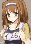  1girl blush breast_squeeze breasts hairband i-26_(kantai_collection) kantai_collection large_breasts light_brown_eyes light_brown_hair long_hair mashayuki open_mouth school_swimsuit sketch solo swimsuit swimsuit_under_clothes two-tone_hairband two_side_up 