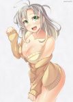  1girl ahoge alternate_costume bra breasts cardigan cleavage green_eyes kankitsunabe_(citrus) kantai_collection kinugasa_(kantai_collection) leaning_forward long_hair medium_breasts off_shoulder open_mouth silver_hair sleeves_past_wrists solo sweater underwear 