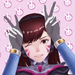  1girl ;d bangs bodysuit bracer brown_eyes brown_hair bunny_print d.va_(overwatch) double_v eyelashes face facepaint facial_mark gloves hands_up high_collar long_hair long_sleeves looking_at_viewer moetora one_eye_closed open_mouth overwatch pauldrons pilot_suit pink_lips ribbed_bodysuit shoulder_pads smile solo teeth turtleneck upper_body v whisker_markings white_gloves 