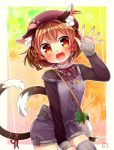  1girl alternate_costume animal_ears autumn bag blush braid breasts brown_hair cat_ears cat_tail chen earrings fangs hair_tie handbag heart highres ibarashiro_natou jewelry leaf leaf_background looking_at_viewer multiple_tails open_mouth orange_eyes paw_print red_pupils ribbon small_breasts solo sweater tagme tail thigh-highs touhou twin_braids two_tails waving 