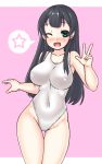  1girl agano_(kantai_collection) ass_visible_through_thighs black_hair blue_eyes blush breasts competition_swimsuit covered_navel kantai_collection kurogane_daichi large_breasts long_hair nose_blush one-piece_swimsuit one_eye_closed simple_background solo spoken_star standing star swimsuit thigh_gap v white_swimsuit 