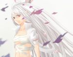  1girl closed_mouth commentary_request floating_hair fujiwara_no_mokou hair_ribbon long_hair looking_at_viewer open_clothes open_shirt popped_collar red_eyes ribbon sarashi serious shirt silver_hair solo torn_clothes torn_sleeves touhou tress_ribbon very_long_hair voxs13 white white_hair wind 
