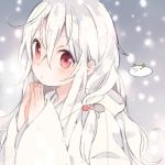  1girl :o breath character_request commentary_request copyright_request creature hands_together harikamo long_hair own_hands_together red_eyes snowing white_hair winter 