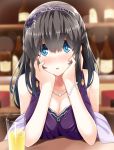  1girl bangs bar black_hair blue_eyes blush bottle bracelet breast_rest breasts cleavage cup dress drink drinking_glass eyebrows eyebrows_visible_through_hair hair_over_eyes hairband hands_on_own_cheeks hands_on_own_face head_rest idolmaster idolmaster_cinderella_girls idolmaster_cinderella_girls_starlight_stage indoors jewelry large_breasts long_hair looking_at_viewer necklace nose_blush oga_raito parted_lips pearl pearl_bracelet pov_across_table purple_dress sagisawa_fumika shawl sleeveless sleeveless_dress solo table 