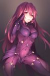  1girl black_background bodysuit breasts covered_navel fate/grand_order fate_(series) highres hplay long_hair looking_at_viewer parted_lips purple_hair red_eyes scathach_(fate/grand_order) solo 