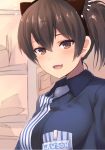  1girl breasts brown_eyes brown_hair commentary_request dyson_(edaokunnsaikouya) employee_uniform fang kaga_(kantai_collection) kantai_collection lawson looking_at_viewer muneate open_mouth short_hair side_ponytail smile solo uniform 
