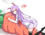  1girl animal_ears black_legwear blush bunny_tail carrot_pillow hair_between_eyes heart lavender_hair lavender_skirt long_hair long_sleeves looking_at_viewer looking_back lying necktie on_stomach pin rabbit_ears red_eyes red_necktie reisen_udongein_inaba shadow shirt simple_background smile solo tail thigh-highs touhou very_long_hair white_background white_shirt xialuluo_(sharuro) 