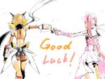  2girls blonde_hair crossover english fist_bump flower from_behind gauntlets hair_flower hair_ornament multiple_girls pink_hair ponytail scarf senki_zesshou_symphogear tachibana_hibiki_(symphogear) trait_connection white_background yuuki_yuuna yuuki_yuuna_wa_yuusha_de_aru yuusha_de_aru 