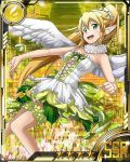  1girl blonde_hair breasts card_(medium) cleavage dress feathered_wings green_eyes high_ponytail leafa long_hair medium_breasts solo star strapless strapless_dress sword_art_online thigh_strap white_wings wings 