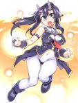  1girl between_breasts black_hair blue_eyes bodysuit boots breasts clenched_hand coat covered_navel highres horns long_hair necktie open_mouth original ponytail shouting sleeveless solo tailcoat tomoshibi_hidekazu 