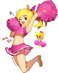  1boy artist_name blonde_hair cheerleader chibi commentary_request crop_top crop_top_overhang crossdressinging hair_ribbon jumping korean link long_hair looking_at_viewer male_focus midriff mimme_(haenakk7) multiple_views navel one_eye_closed open_mouth otoko_no_ko pointy_ears pom_poms ponytail ribbon simple_background skirt smile sparkle star the_legend_of_zelda the_legend_of_zelda:_tri_force_heroes twitter_username white_background wind wind_lift 