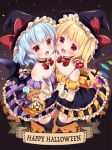  2girls bare_shoulders basket bat_wings black_legwear blonde_hair blue_hair blush body_blush bow crystal detached_sleeves dress fang flandre_scarlet frilled_dress frilled_skirt frilled_sleeves frills gloves happy_halloween hat hat_bow holding_basket holding_wand irori leg_up looking_at_viewer multiple_girls open_mouth puffy_short_sleeves puffy_sleeves red_eyes remilia_scarlet short_sleeves siblings sisters skirt strapless strapless_dress symmetrical_pose thigh-highs touhou wand wings witch witch_hat 