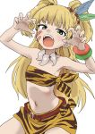  1girl absurdres armpits belt blonde_hair fangs green_eyes highres idolmaster idolmaster_cinderella_girls jewelry jougasaki_rika long_hair looking_at_viewer midriff navel necklace open_mouth simple_background solo teeth tiger_print two_side_up white_background yamamoto_souichirou 