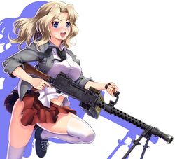  1girl :d blonde_hair blue_eyes blush breasts dress_shirt girls_und_panzer grey_jacket gun jacket kay_(girls_und_panzer) long_hair long_sleeves looking_at_viewer m1919 machine_gun necktie number10_(hagakure) open_mouth pleated_skirt red_skirt school_uniform shirt skirt sleeves_rolled_up smile solo thigh-highs weapon white_legwear 