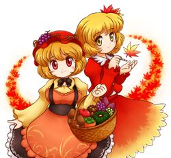  2girls aki_minoriko aki_shizuha apple basket blonde_hair blush breasts choker eyebrows eyebrows_visible_through_hair food fruit gradient_skirt grapes hair_ornament hat leaf leaf_hair_ornament leaf_on_head long_sleeves looking_at_viewer maple_leaf mob_cap multiple_girls mushroom nitamago paintbrush persimmon puffy_sleeves pumpkin red_eyes red_shirt shirt short_hair siblings simple_background sisters skirt skirt_set smile sweet_potato touhou yellow_eyes yellow_shirt 