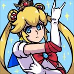  1girl akairiot bishoujo_senshi_sailor_moon blonde_hair blue_eyes blush long_hair looking_at_viewer lowres super_mario_bros. pose princess_peach sailor_moon sailor_moon_(cosplay) solo super_mario_bros. super_smash_bros. 