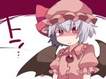  &lt;o&gt;_&lt;o&gt; 1girl 3: bat_wings breast_conscious brooch commentary_request flat_chest frown hammer_(sunset_beach) jewelry lavender_hair puffy_sleeves red_eyes remilia_scarlet short_hair solo symbol_ricochet touhou translated upper_body wavy_mouth wings 