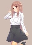  beige_hair brown_eyes holding_skirt long_hair looking_at_viewer mikazuchi_zeus original simple_background smile standing standing_on_one_leg v 
