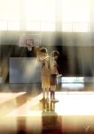  1boy 1girl arms_up back-to-back basketball basketball_court basketball_hoop basketball_uniform black_hair closed_eyes commentary highres indoors light_particles light_smile looking_down loundraw original paper reflection school_uniform serafuku shadow short_hair signature sportswear sunlight 