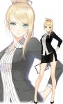  1girl blonde_hair blue_eyes clipboard full_body hair_bun hand_on_hip high_heels holding looking_at_viewer office_lady pencil_skirt shirt simple_background skirt smile solo standing tanaka_takayuki white_background 