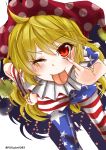  1girl ;p akanbe american_flag american_flag_dress american_flag_legwear american_flag_shirt bent_over blonde_hair clownpiece fox_udon frilled_shirt_collar frills hand_on_hip hat highres jester_cap leaning_forward long_hair looking_at_viewer neck_ruff one_eye_closed pantyhose polka_dot print_legwear red_eyes short_sleeves simple_background smile solo standing star tongue tongue_out touhou twitter_username white_background 