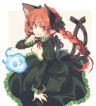  1girl animal_ears blush braid breasts cat_ears cat_tail cleavage cleavage_cutout dress extra_ears fangs from_above green_dress hair_ribbon kaenbyou_rin long_hair long_sleeves looking_at_viewer medium_breasts multiple_tails open_mouth pointy_ears puffy_sleeves red_eyes redhead ribbon satou_kibi sen_to_chihiro_no_kamikakushi sitting skull smile solo tail touhou tress_ribbon twin_braids 