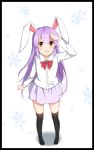  animal_ears black_border black_legwear border commentary_request hand_on_forehead lavender_hair long_hair looking_up rabbit_ears red_eyes reisen_udongein_inaba ribbon shirt skirt snowflake_background snowflakes thigh-highs touhou very_long_hair xialuluo_(sharuro) 