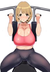  1girl :&lt; belly breasts breath brown_eyes brown_hair chestnut_mouth cleavage exercise heavy_breathing highres huge_breasts looking_at_viewer mega_heart_ski muffin_top narusawa_ryouka navel occultic;nine plump serious short_hair simple_background sitting solo thighs white_background 