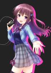  1girl :d blush bow brown_hair cellphone earphones earphones gi(a)rlish_number hair_bow highres karasuma_chitose_(gi(a)rlish_number) long_hair looking_back one_side_up open_mouth phone plaid plaid_skirt reaching_out sana_(sauber0531) shirt skirt smartphone smile solo striped striped_shirt thigh-highs vertical-striped_shirt vertical_stripes violet_eyes zettai_ryouiki 