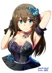  1girl 2016 arm_behind_head arm_garter armpits artist_name ayano_yuu_(sonma_1426) bangs bare_shoulders black_gloves blue_eyes blue_flower breasts brown_hair cleavage dated dress earrings flower gem gloves hair_between_eyes hair_flower hair_ornament hairband hand_in_hair happy_birthday highres idolmaster idolmaster_cinderella_girls idolmaster_cinderella_girls_starlight_stage jewelry long_hair looking_at_viewer medium_breasts necklace sagisawa_fumika simple_background smile solo strapless strapless_dress upper_body white_background 