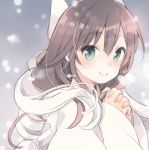  1girl breath brown_hair character_request commentary_request copyright_request hands_clasped harikamo long_hair out_of_frame smile snowing white_hair winter 