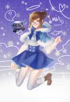  1girl 2016 absurdres bangs beads blue-framed_eyewear blue_bow blue_bowtie blue_skirt boots bow bowtie brown_boots brown_eyes brown_hair capelet character_name closed_mouth dated drone eyelashes fingernails floating fur-trimmed_boots fur-trimmed_cape fur_trim glasses hair_bun hair_ornament hair_stick hand_up highres knee_boots lace lace-trimmed_skirt lace_trim long_sleeves machinery mei_(overwatch) overwatch pink_lips robot shirt short_hair sidelocks skirt snowball_(overwatch) snowflake_hair_ornament solo star star-shaped_pupils striped striped_legwear symbol-shaped_pupils thigh-highs vertical-striped_legwear vertical_stripes white_shirt 