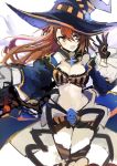 1girl :d bandeau bangs bare_shoulders beatrix_(granblue_fantasy) black_gloves black_hat blush breasts brown_hair cleavage detached_sleeves gloves granblue_fantasy hair_between_eyes halloween halloween_costume hat long_hair long_sleeves looking_at_viewer navel open_mouth orange_eyes shionvs simple_background smile solo striped white_background wide_sleeves witch_hat 