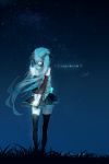  1girl absurdres arms_behind_back black_ribbon black_skirt blue_hair detached_sleeves from_behind hair_ribbon hands_together hatsune_miku highres long_hair night outdoors pleated_skirt ribbon skirt sky solo star_(sky) starry_sky twintails vocaloid yyb 