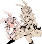  1girl animal_ears bow breasts collarbone detached_collar endou_okito green_eyes hair_bow kneehighs long_hair march_hare multiple_views personification puffy_sleeves rabbit_ears silver_hair sitting surprised twintails watch 