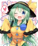  1girl ;d alternate_breast_size alternate_hair_length alternate_hairstyle black_hat blue_eyes blush bow breasts clown_222 commentary_request eyeball frilled_shirt_collar frilled_sleeves frills green_hair green_skirt hat hat_bow heart heart_background heart_of_string komeiji_koishi long_hair long_sleeves looking_at_viewer medium_breasts one_eye_closed open_mouth shirt signature skirt sleeves_past_wrists smile solo spoken_heart third_eye touhou twitter_username upper_body very_long_hair wide_sleeves yellow_bow yellow_shirt 